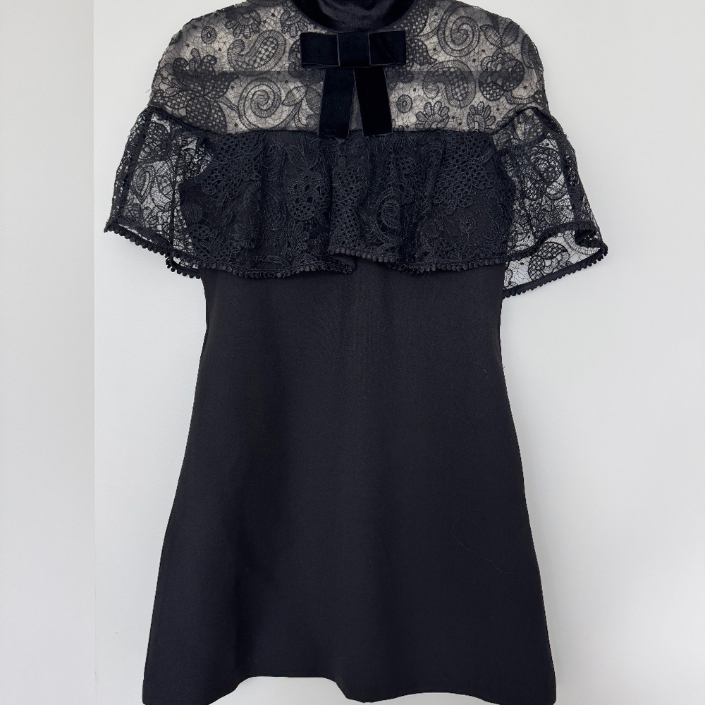 Self Portrait Lace Overlay Mini Dress with Velvet Bow - Black, Size 6, Pre-Owned